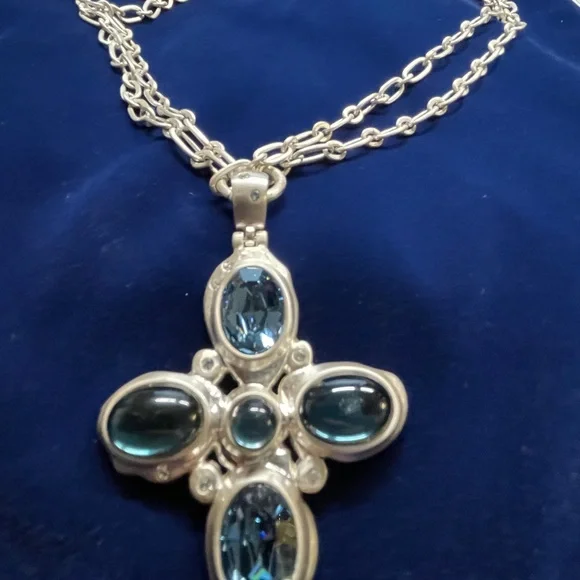 Brighton Silver Tone Necklace 17 inch with Faux Blue Gemstones - Picture 2 of 5